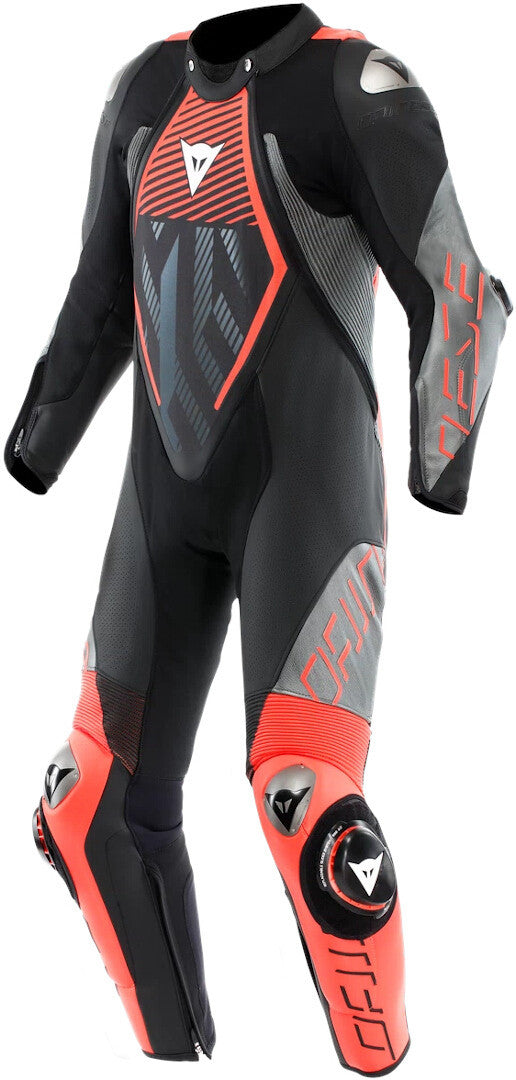 Dainese Audax D-Zip 1PC Perf. Black / Fluo Red / Anthracite Leather Suit - SpeedParts - Loja Online